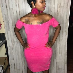 Pink Distressed Off the Shoulder Dress
